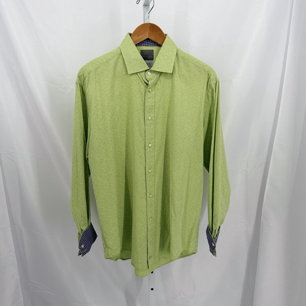 Thomas Dean Cotton Lime Green Art Deco Button Up Long Sleeve Dress Shirt Men's L